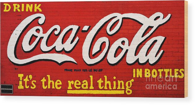 Travelpixpro Americana Wood Print featuring the digital art Coca Cola Coke Vintage Americana Red Street Sign on a Brick Wall Watercolor Digital Art by Shawn O'Brien