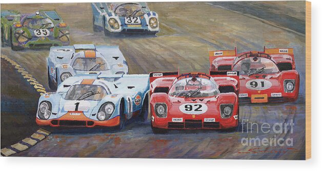 Acrilic On Canvas Wood Print featuring the painting Ferrari vs Porsche 1970 Watkins Glen 6 Hours by Yuriy Shevchuk