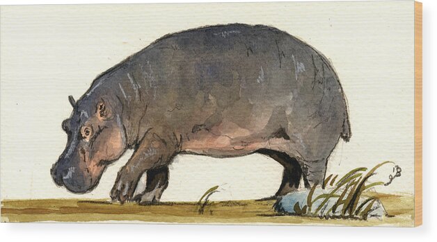 Hippo Wood Print featuring the painting Hippo walk by Juan Bosco