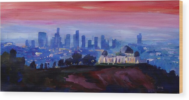 Downtown Wood Print featuring the painting Los Angeles at Dusk with Griffith Observatory by M Bleichner
