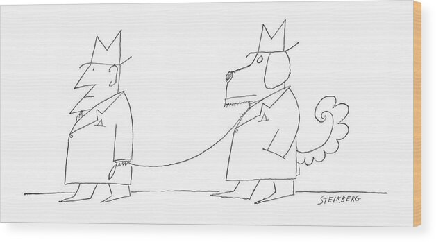 115547 Sst Saul Steinberg (a Man Dressed In A Suit And Hat Walking His Dog Dressed Exactly Alike.) Alike Animals Appearances Attire Best Canines Characteristics Clothes Clothing Dog Doggie Dogs Dressed Exactly Fashion Friend Hat Human-like Looks Man Man's Pet Pets Pooch Puppies Puppy Stroll Style Suit Walking Wood Print featuring the drawing New Yorker December 7th, 1963 by Saul Steinberg