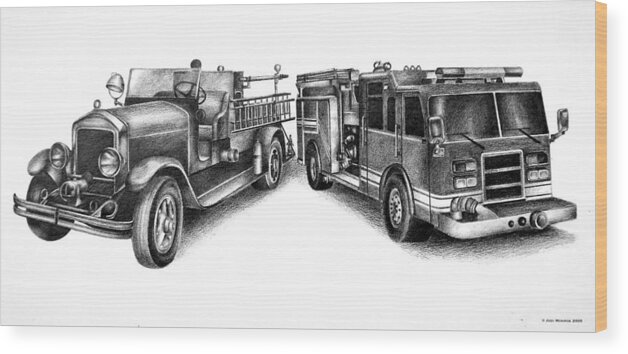 Firefighting Wood Print featuring the drawing Past and Present by Jodi Monroe
