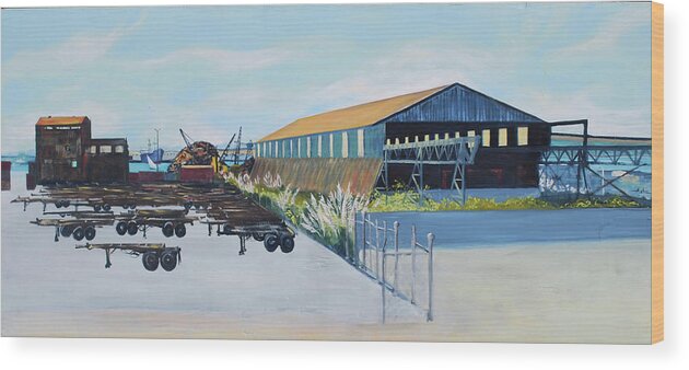 Landscape Painting Wood Print featuring the painting Schnitzer Steel Warehouse and Rustic Building by Asha Carolyn Young
