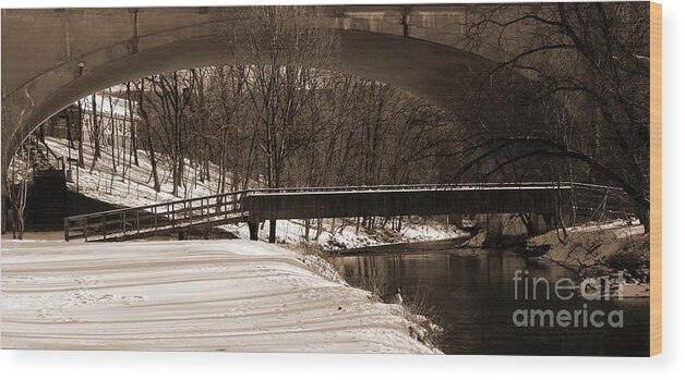 Bethlehem Pa Wood Print featuring the photograph Sepia -Hill to Hill Bridge and Monocacy Creek - Colonial Industrial Quarter - Bethlehem PA by Jacqueline M Lewis