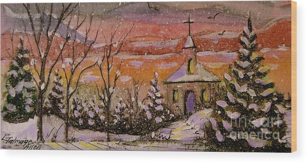 Church Wood Print featuring the painting Sunset Winter Church by Gretchen Allen