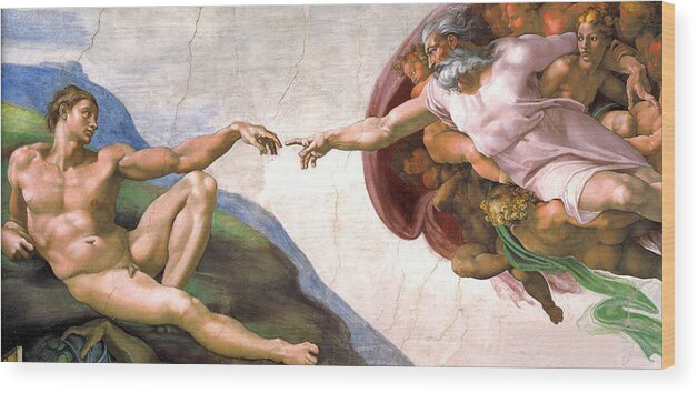 Creation Of Adam Wood Print featuring the painting The Creation of Adam by Michelangelo 