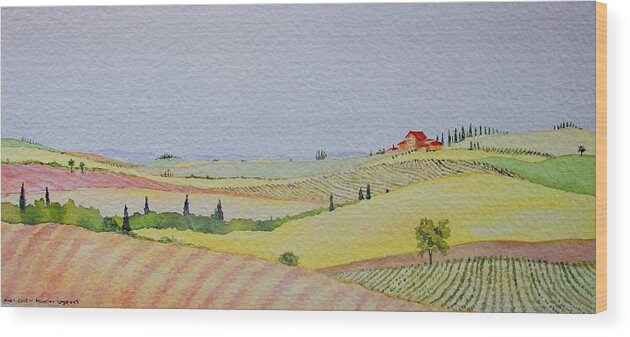 Watercolor Wood Print featuring the painting Tuscan Hillside Three by Mary Ellen Mueller Legault