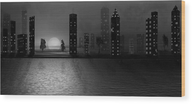 City Wood Print featuring the digital art Summer In The City - BW by David Dehner