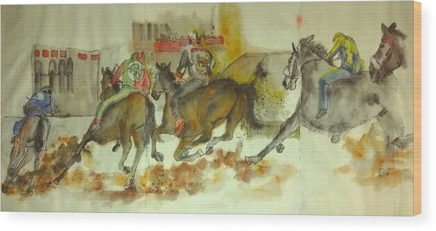 Il Palio.siena.italy. Horserace. Medieval. Event Wood Print featuring the painting Siena and their Palio album #17 by Debbi Saccomanno Chan