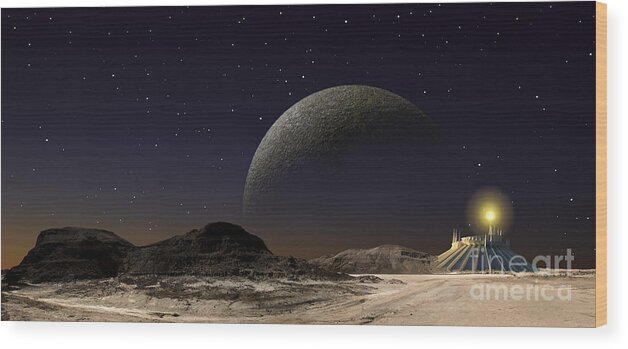 Sci-fi Wood Print featuring the digital art A Futuristic Space Scene Inspired by Frank Hettick