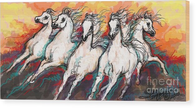 Arabian Horses Wood Print featuring the digital art Arabian Sunset Horses by Stacey Mayer