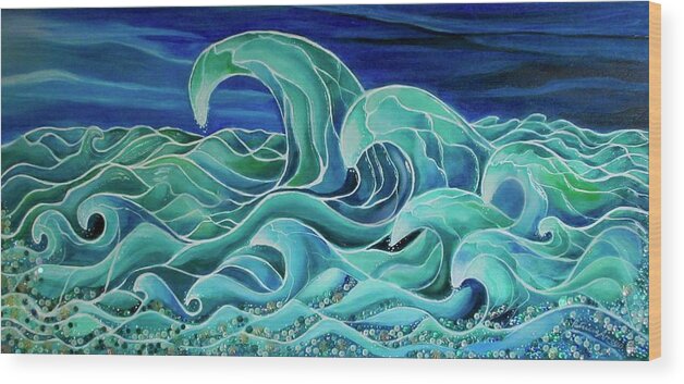 Sea Wood Print featuring the painting Cool Waves 3- by Patricia Arroyo