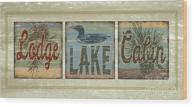 Joe Low Wood Print featuring the painting Lodge Lake Cabin Sign by JQ Licensing