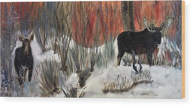 Moose Wood Print featuring the painting Mr and Mrs Moose by Julie Wittwer