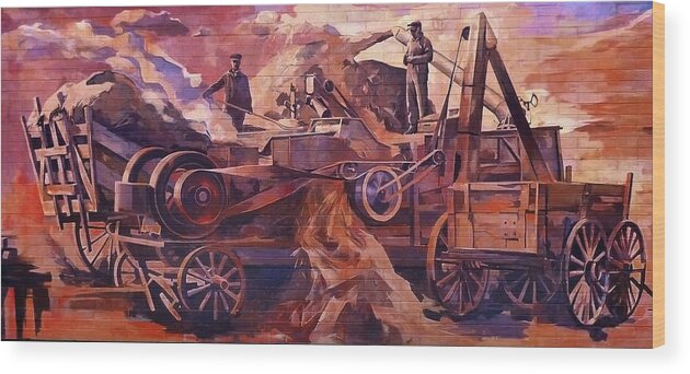 Threshing Crew Wood Print featuring the painting Mural 12x90 feet detail Threshing Crew by Tim Heimdal