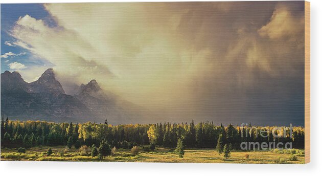 North America Wood Print featuring the photograph Panorama Clearing Storm over the Grand Tetons by Dave Welling