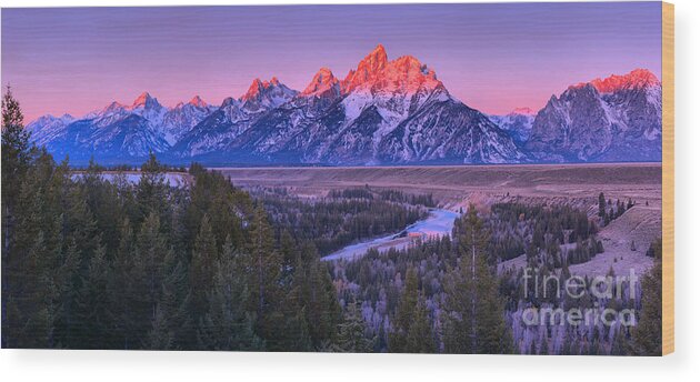 Grand Teton National Park Wood Print featuring the photograph Pink Glow Over The Snake River by Adam Jewell