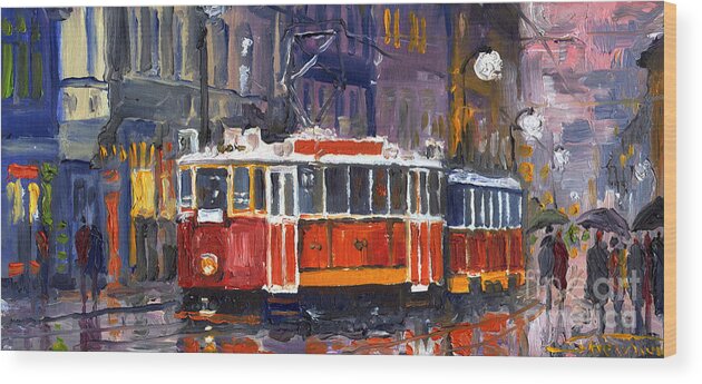Oil Wood Print featuring the painting Prague Old Tram 09 by Yuriy Shevchuk