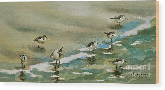 Beach Watercolors Art Wood Print featuring the painting Seven Sandpipers at the Seashore by Julianne Felton