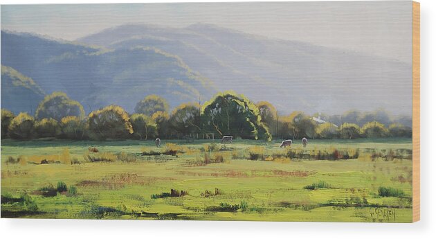  Nature Wood Print featuring the painting Spring Grazing Tumut Australia by Graham Gercken
