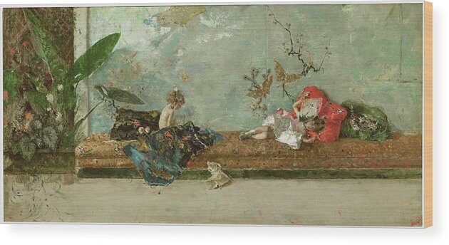 Young Wood Print featuring the painting The Painters Children In The Japanese Room by Fortuny Y Marsal Mariano