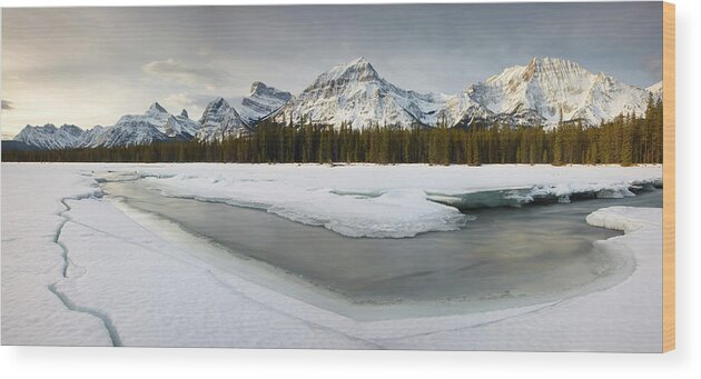 Scenics Wood Print featuring the photograph Rocky Mountains Over The Athabasca River #1 by Travelpix Ltd