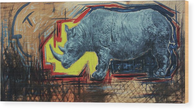 Hans Egil Saele Wood Print featuring the painting Dawn in Rhino Land by Hans Egil Saele
