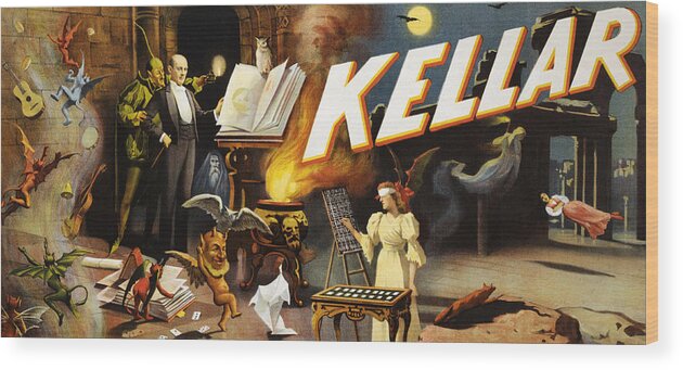 Advertising Wood Print featuring the painting Kellar the magician, performing arts poster by Strobridge