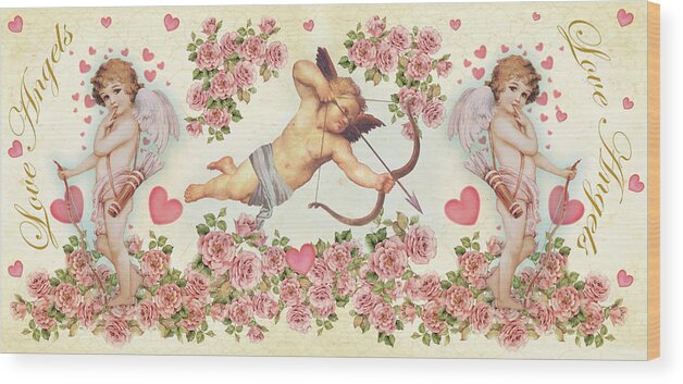 3 Cupids Standing In Roses With Bows And Arrows Love Angels Wood Print featuring the painting Love Angels 3 by Maria Trad