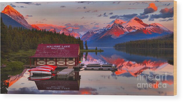 Maligne Lake Wood Print featuring the photograph Maligne Lake Reflection Sunset Panorama Crop by Adam Jewell