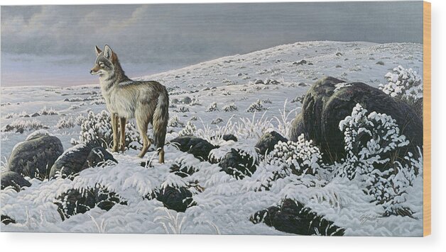 Coyote In A Snowy Field Wood Print featuring the painting Open Country - Coyote by Wilhelm Goebel