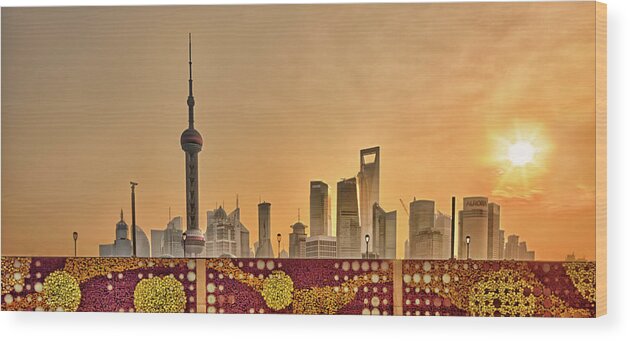 Tranquility Wood Print featuring the photograph Pudong Skyline At Sunrise, Shanghai by William Yu Photography