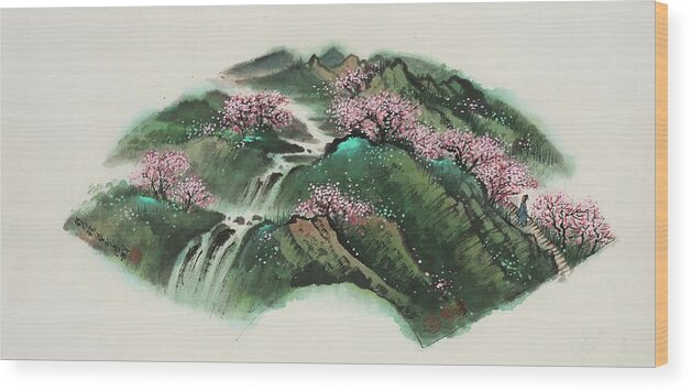 Chinese Watercolor Wood Print featuring the painting Springtime Stroll Through the Peach Blossoms by Jenny Sanders