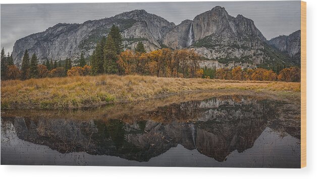 Yosemite; Landscape Photograph; Autumn; Reflection; Waterfall; Mountains; Wood Print featuring the photograph Yosemite Autumn Reflection by April Xie