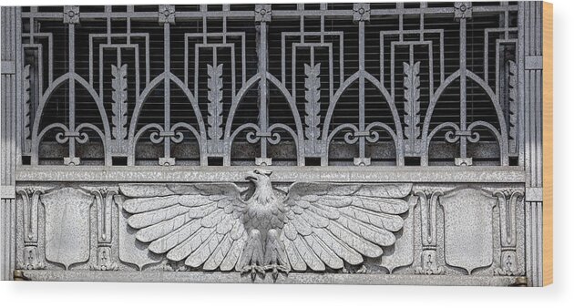 Clarkson S. Fisher Federal Building Wood Print featuring the photograph 1932 Art Deco US Symbol at Clarkson Fisher Federal Building Building - Trenton NJ by Ikonographia - Carol Highsmith