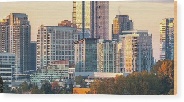 Outdoor; Sunset; Twilight; Cityscape; Bellevue; Downtown; Highrises; Lake; Lake Washington; Mountains; Snow; Glaciers; Reflections; East Portal Viewpoint; Seattle; I90; East Side; Washington Wood Print featuring the digital art Downtown Bellevue from East Portal Viewpoint Seattle by Michael Lee