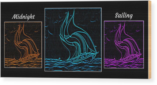 Cool Art Wood Print featuring the digital art Midnight Sailing Triptych by Ronald Mills