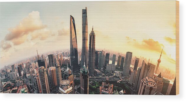 Lujiazui Wood Print featuring the photograph Shanghai Lujiazui global financial district at sunset by HaojunLee