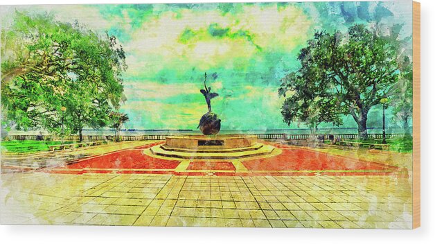 Spiritualized Life Sculpture Wood Print featuring the digital art Spiritualized Life sculpture in Memorial Park, Jacksonville - watercolor ink by Nicko Prints