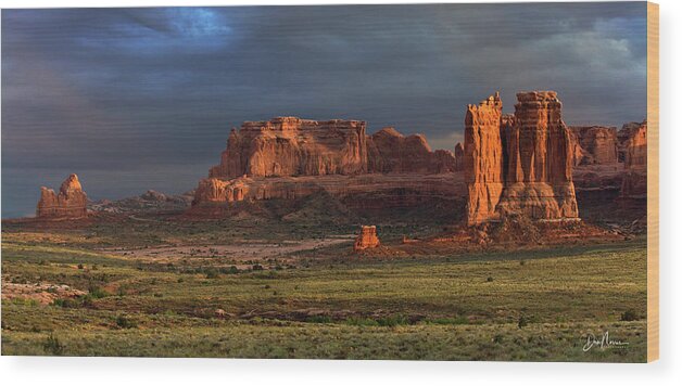 Arches National Park Moab Utah Sunset Red Rock Balanced Rock Hoodoos Towers Wood Print featuring the photograph Storm Light at Courthouse Towers by Dan Norris