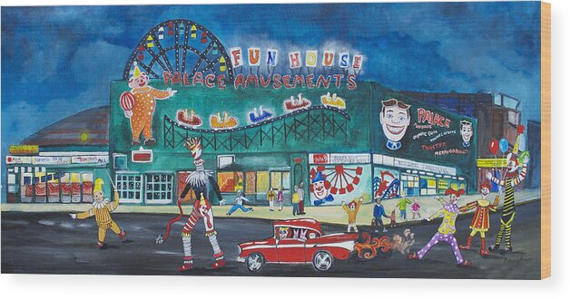 Asbury Park Art Wood Print featuring the painting Clown Parade at the Palace by Patricia Arroyo