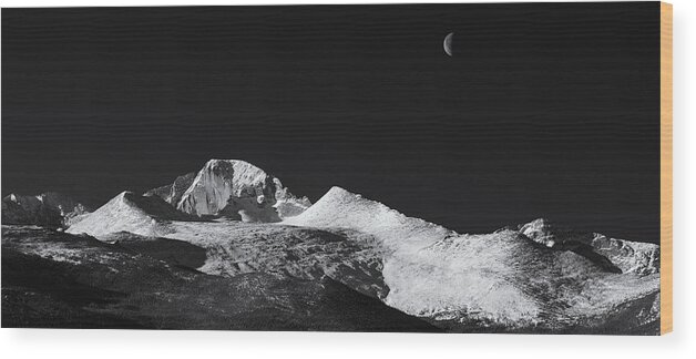 Monochrome Wood Print featuring the photograph Half Moon over Longs Peak by Darren White