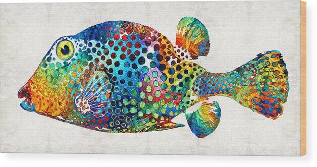 Fish Wood Print featuring the painting Puffer Fish Art - Puff Love - By Sharon Cummings by Sharon Cummings