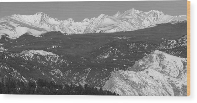 Winter Wood Print featuring the photograph Rocky Mountain Continental Divide Winter Panorama Black White by James BO Insogna