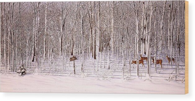 Wildlife Wood Print featuring the painting Snowstorm Survivours by Conrad Mieschke
