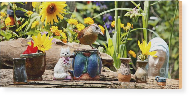 Carolina Wren Bird Photography Wood Print featuring the photograph Wren Bird and Tea Cup and Flowers by Luana K Perez