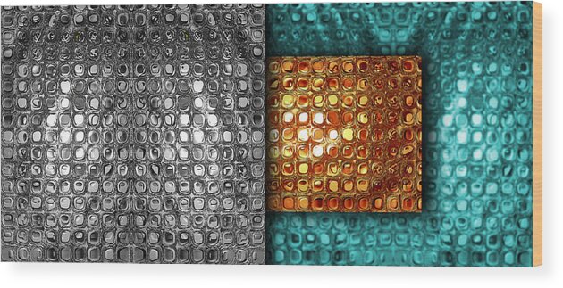Abstract Wood Print featuring the digital art Abstract Metallic Grid - Silver Gold Turquoise - Panoramic by Jason Freedman