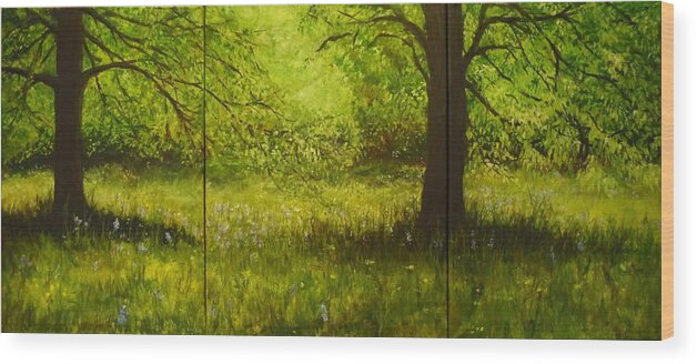 Tree Wood Print featuring the painting Bluebell Wood in Spring Triptych by Lizzy Forrester