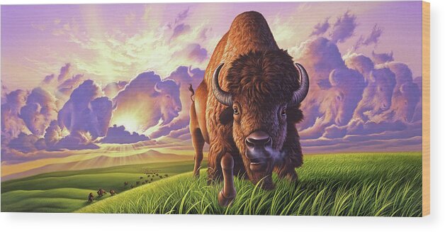 Buffalo Wood Print featuring the painting Morning Thunder by Jerry LoFaro
