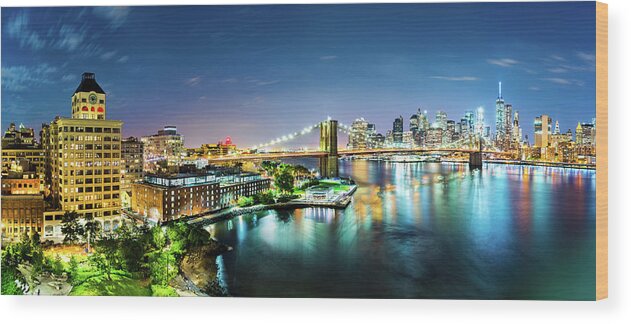 American Wood Print featuring the photograph New York City panorama by night by Mihai Andritoiu